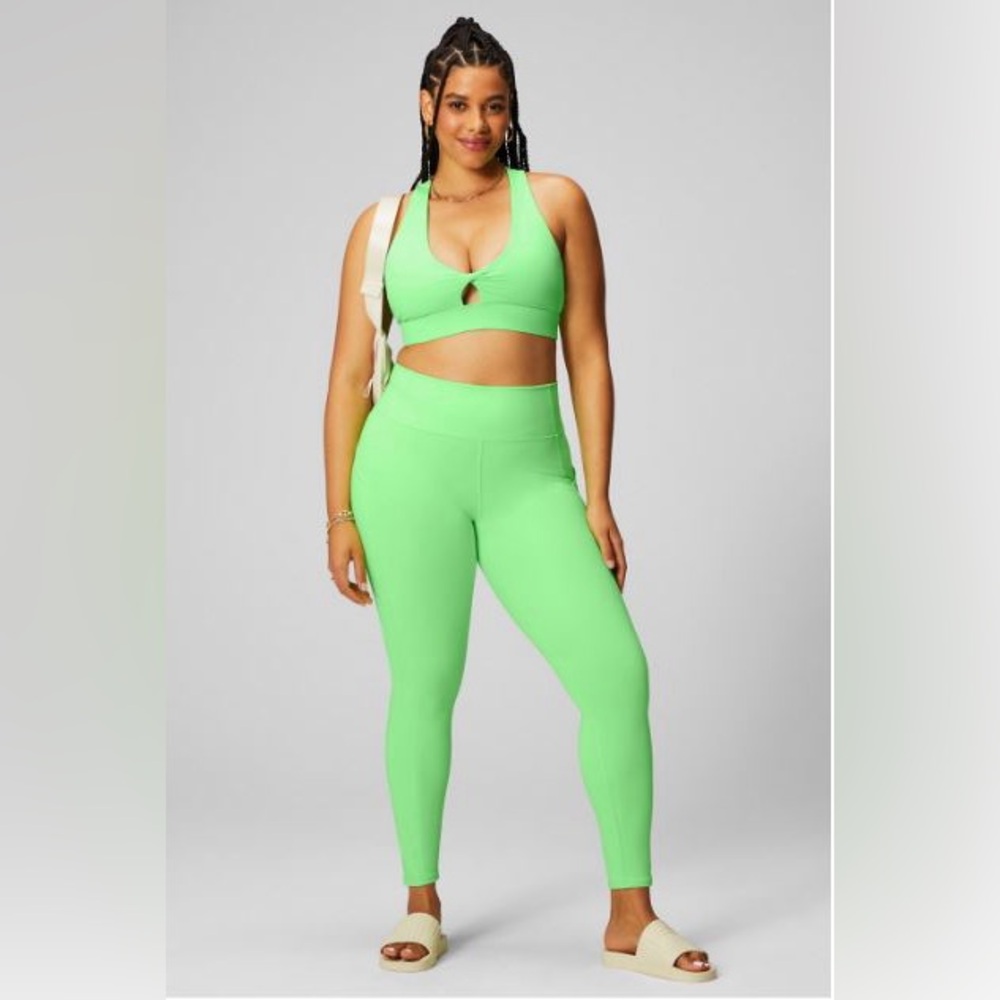 NWT- Fabletics PureLuxe HW Pocket Full Length Leggings- MINT GLOW NEON (27inch)